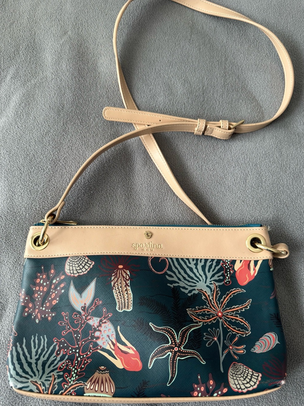Spartina 449 Teal and Beige Sea Life Print Crossbody Bag